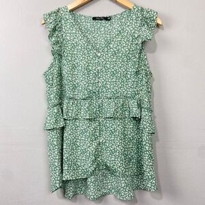 Doe and Rae Blouse Size L Green Ruffle Floral Tiered‎ Babydoll Top Cottagecore